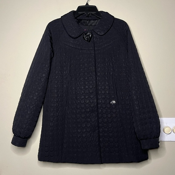 Betsey Johnson Black Quilted Heart Button Back Bow Babydoll Jacket Coat - Picture 1 of 16